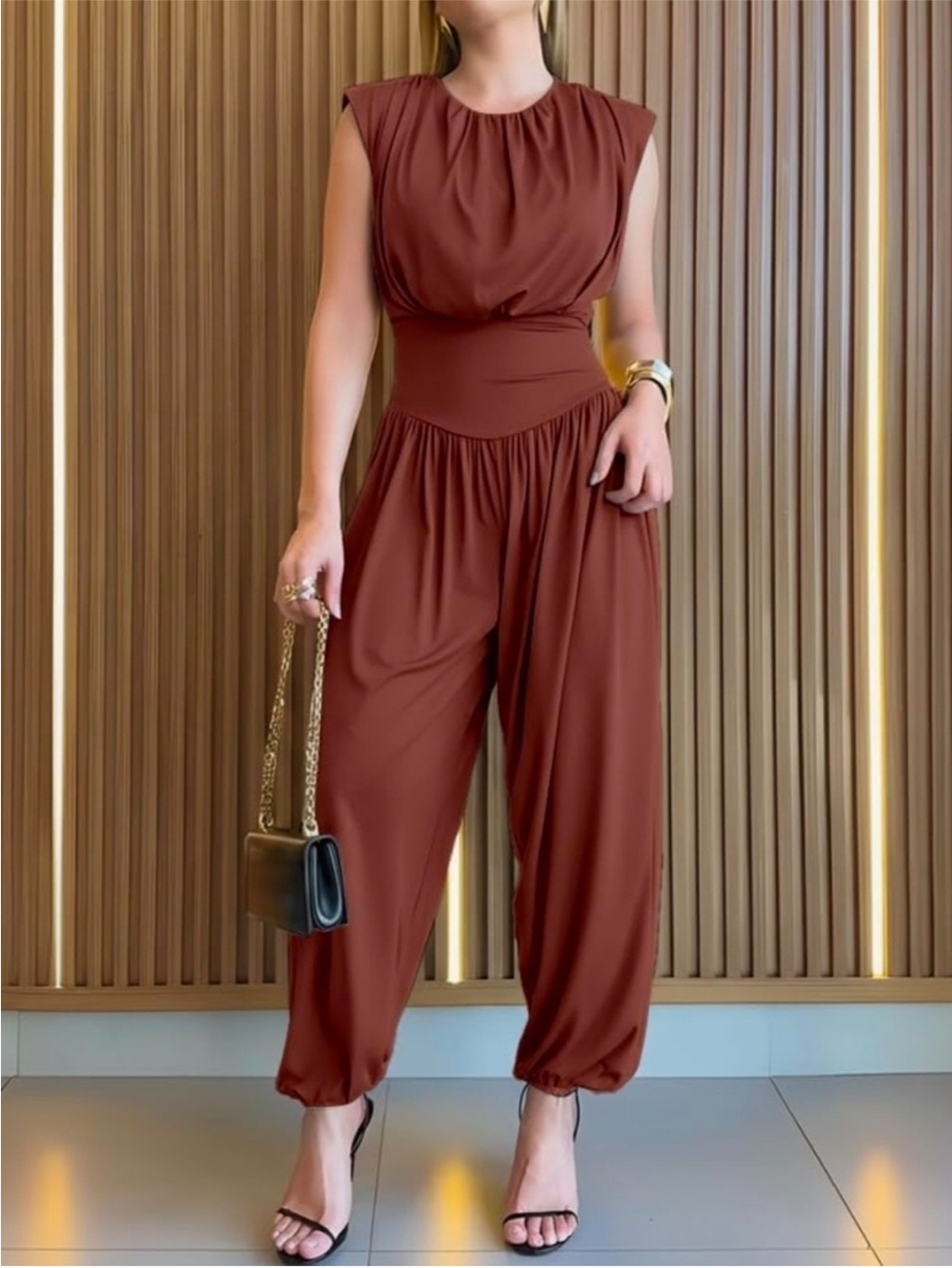 Sleeveless Wide-Waist Jumpsuit in Rustic Brown